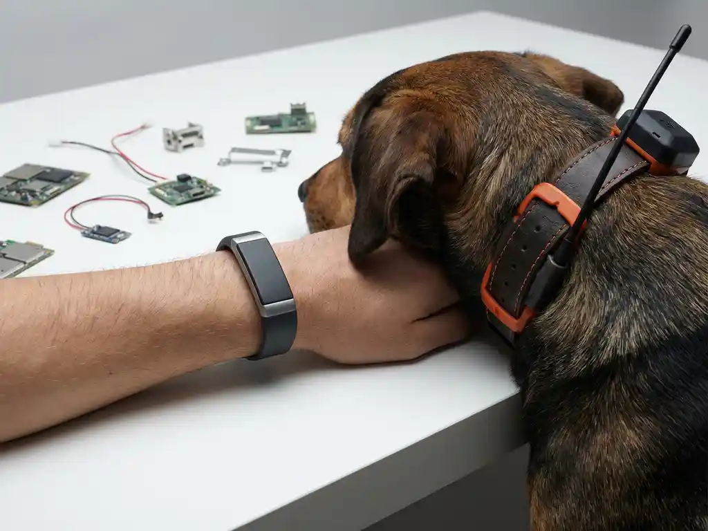 Fitness-Tracker am Handgelenk und GPS-Halsband am Hundehals nebeneinander auf weißer Laborfläche mit Elektronikkomponenten.