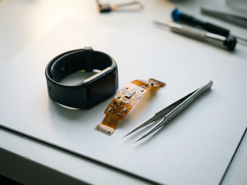 Geöffnete Smartwatch auf weißer Werkbank mit freiliegender flexibler Leiterplatte, Sensoren, Armband und Präzisionspinzette.