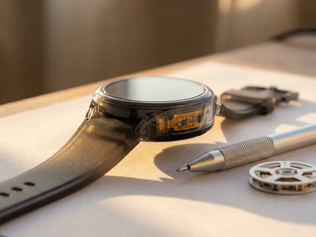 Smartwatch mit sichtbarer flexibler Leiterplatte unter transparentem Gehäuse, neben Ingenieurstift und Bauteilrolle im goldenen Abendlicht.
