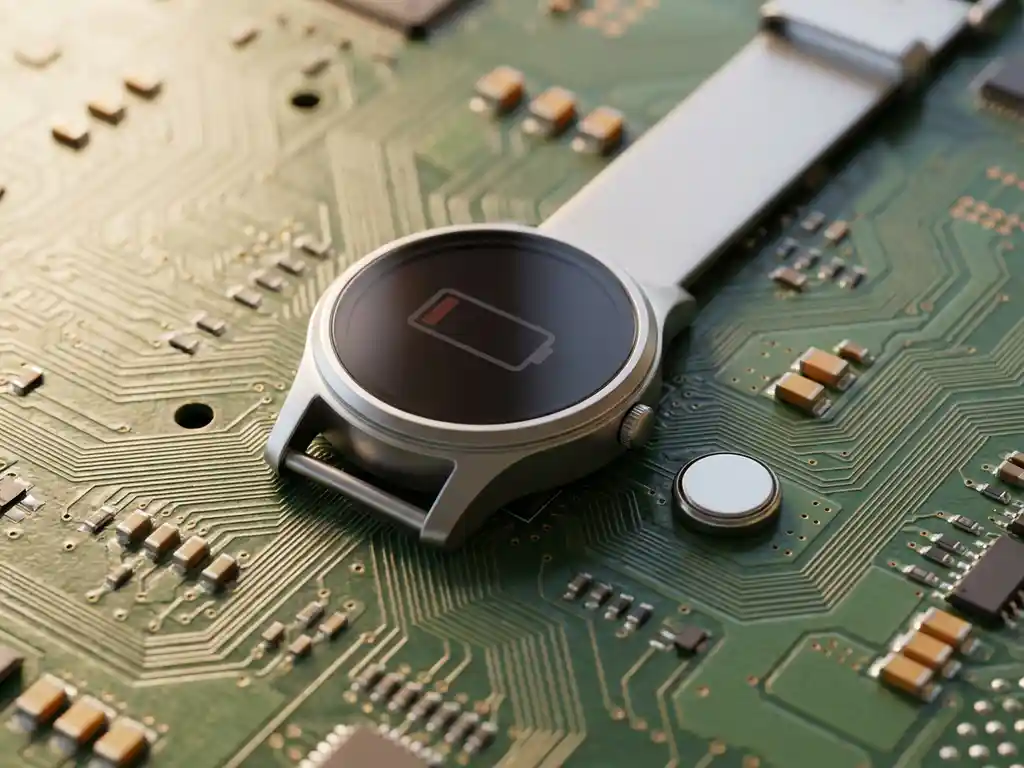 Schlanke Smartwatch auf Leiterplatte neben Knopfzelle, fast leerer Akku, SMD-Bauteile und Kupferleiterbahnen in Makroaufnahme.