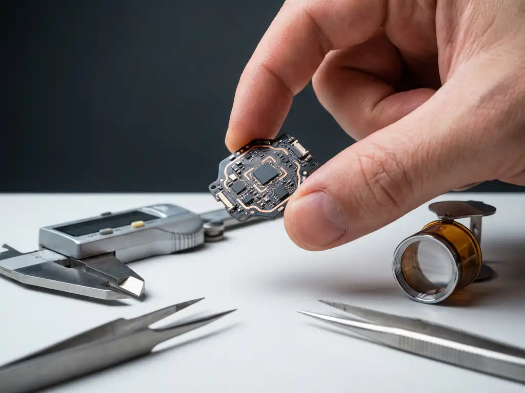 Smartwatch-Leiterplatte mit Kupferbahnen zwischen zwei Fingern gehalten, umgeben von Präzisionswerkzeugen auf weißer Werkbank.