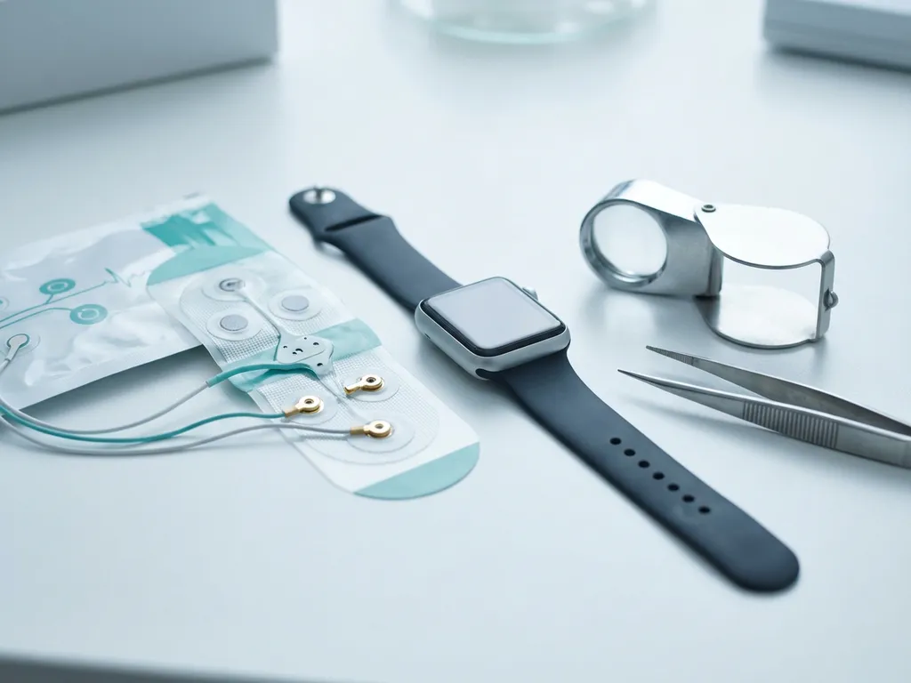 Medizinisches EKG-Pflaster mit klinischen Steckverbindern neben einer Smartwatch auf weißer Laborfläche, Lupe und PCB-Pinzette daneben.