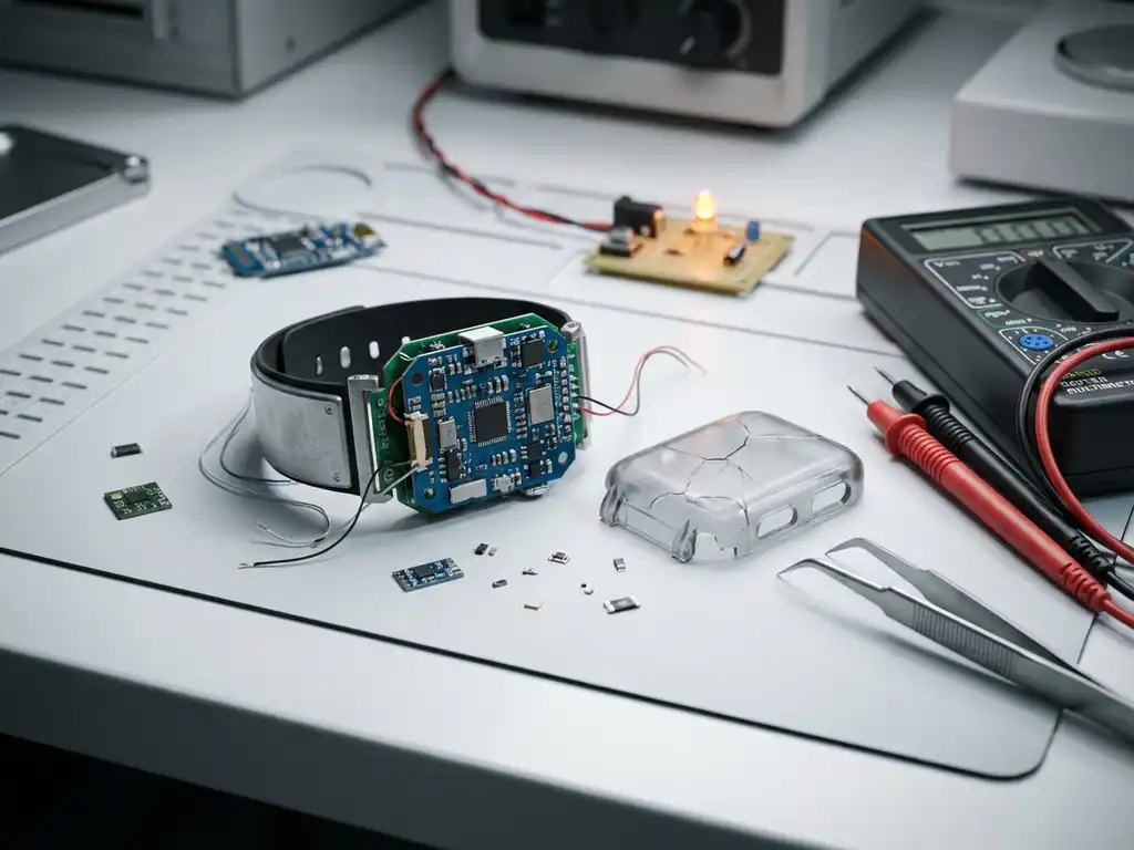 Halbmontiertes Wearable-Gerät auf weißem Werktisch mit verstreuten PCB-Komponenten, gebrochenem Prototypengehäuse und Präzisionswerkzeug.
