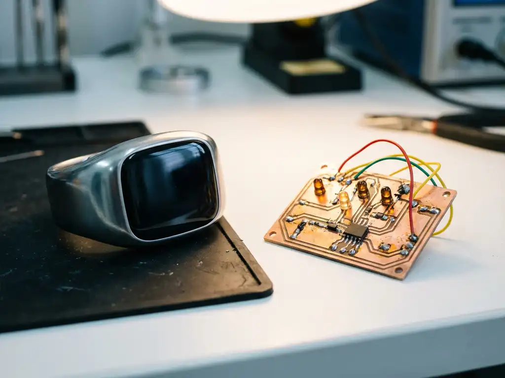 Poliertes Wearable-Gerät neben handgelötetem Leiterplatten-Prototyp mit Kupferbahnen auf weißem Labortisch, Nahaufnahme.