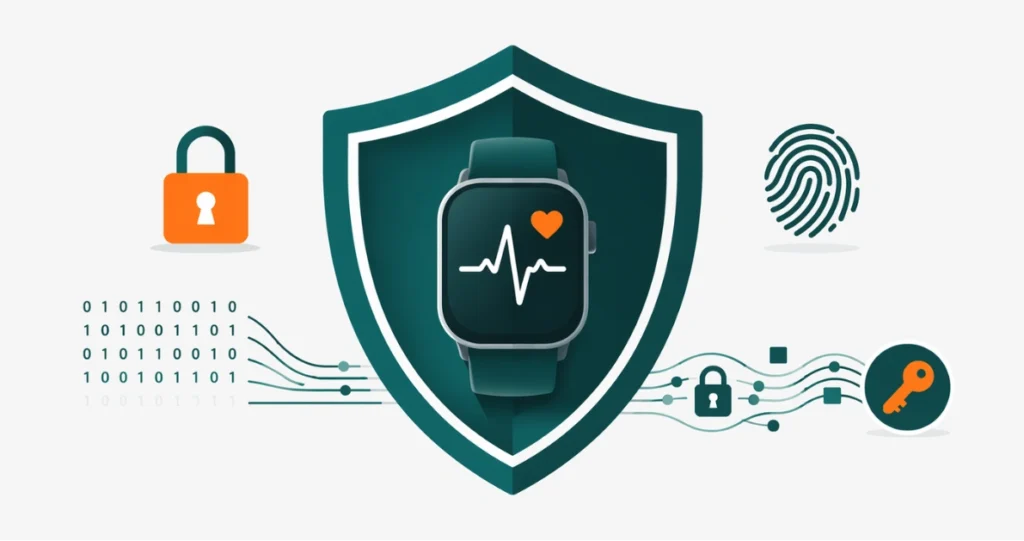Großes Sicherheitsschild schützt medizinische Smartwatch mit Herzschlaganzeige und zeigt Datensicherheit und Verschlüsselung für medizinische Wearables