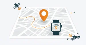 Standortnadel und Smartwatch zeigen energieeffiziente GPS-Tracking-Integration in einem Wearable-Gerät