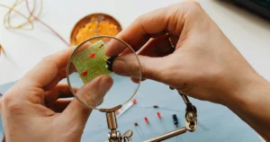 Ingenieur prüft Leiterplatte mit Lupe – technische Herausforderungen bei der Wearable-Entwicklung