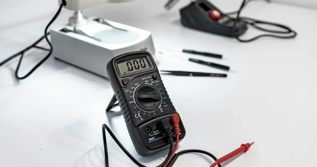 Multimeter und Mikroskop auf sauberem Arbeitsplatz zeigen Elektronik-Zuverlässigkeitsprüfung für Wearables vor der Serienproduktion