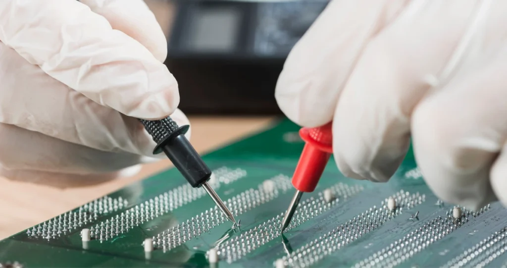 Techniker testet Leiterplatte mit Multimeter