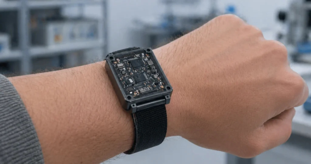 Smartwatch-Prototyp mit Leiterplatte am Handgelenk in Laborumgebung