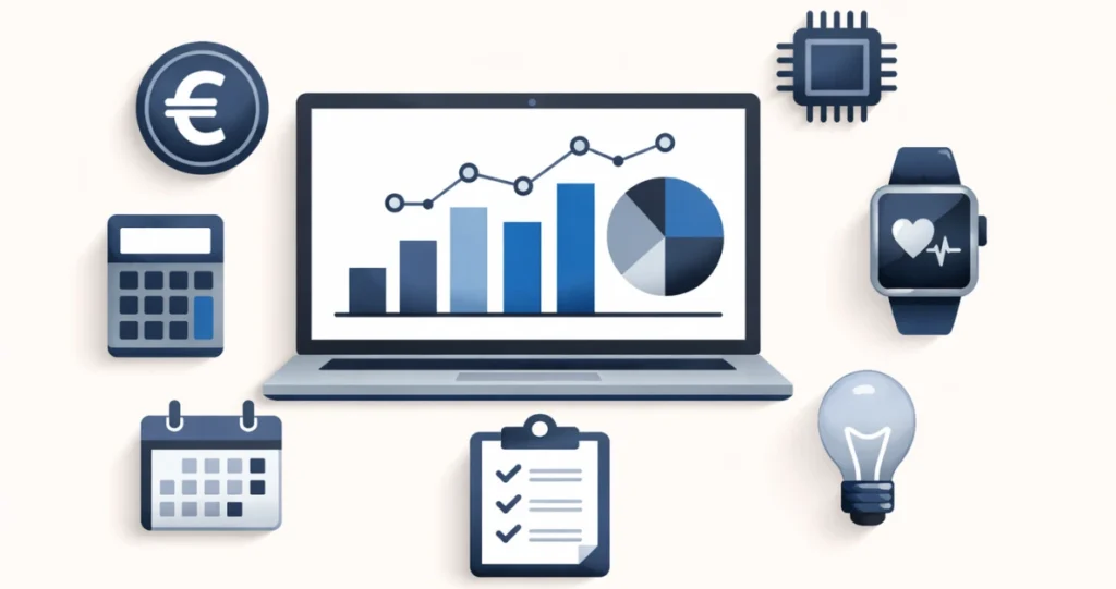 Laptop mit Kostendiagramm, Euro-Münze und Smartwatch – Kosten der Wearable-Entwicklung und Budgetplanung