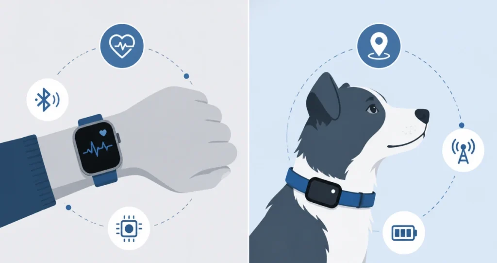 Smartwatch am Handgelenk und GPS-Tracker am Hundehalsband im Vergleich
