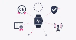 Smartwatch umgeben von CE-Zeichen und Zertifizierungssymbolen zeigt Wearable-Zertifizierungsanforderungen für den deutschen Markt