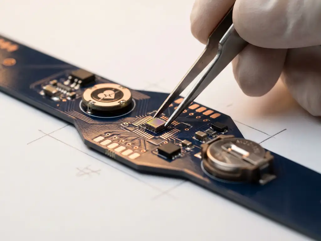 Miniatur-Biosensor-Chip wird mit Pinzette auf tragbares PCB platziert, neben Herzfrequenzsensor und Knopfzelle, Makroaufnahme.