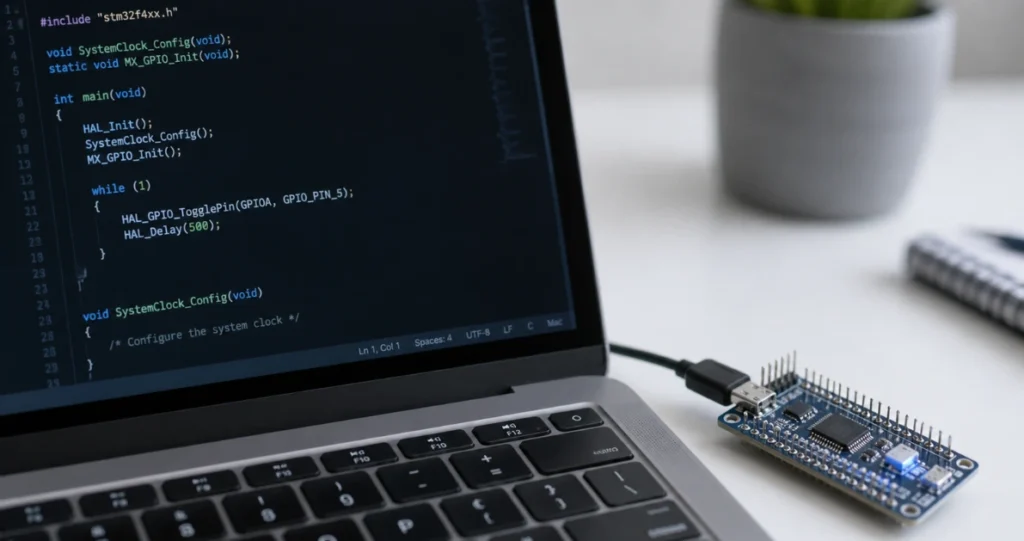 Laptop mit STM32 Embedded-Code und angeschlossenem Entwicklungsboard