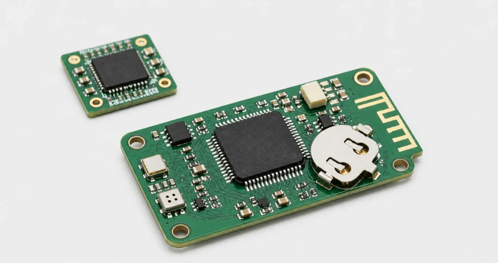 Grüne Embedded-System-Platine mit Mikrocontroller und Antenne