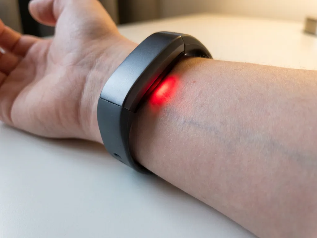 Fitness-Tracker am Handgelenk mit leuchtendem optischen Sensor in Rot- und Infrarottönen, sichtbare Kapillaren unter der Haut, Makroaufnahme.