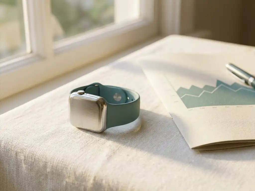 Fitness-Wearable aus poliertem Silber neben einem Herzfrequenzdiagramm auf weißem Untergrund im weichen Morgenlicht.