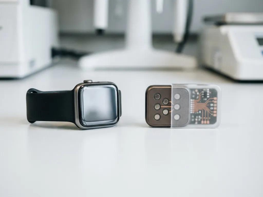 Konsumenten-Smartwatch neben klinischem medizinischen Biosensor mit Elektrodenkontakten auf weißer Laborfläche.