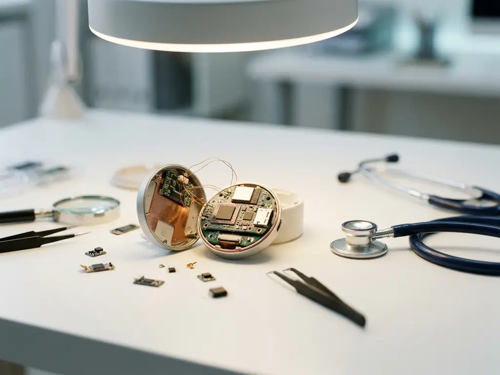 Medizinisches IoT-Wearable in der Montage auf weißer Werkbank, umgeben von PCB-Komponenten und Stethoskop, kupferfarbene Leiterbahnen sichtbar.