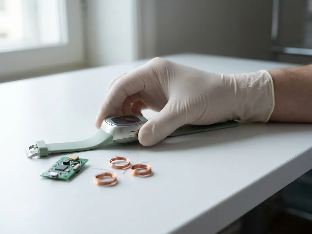 Medizinisches Wearable auf weißem Labortisch neben PCB-Platine und Kupferspulen, behandschuhte Hand justiert das Gerät.