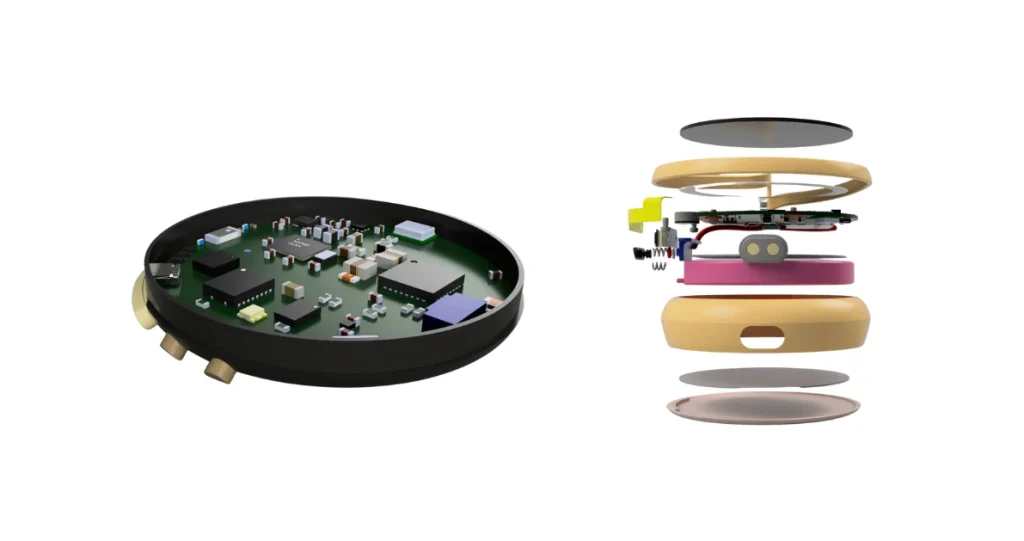 MyCharm wearable PCB and exploded view of internal components`