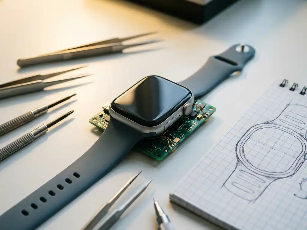 Smartwatch-Prototyp auf PCB-Leiterplatte mit Ingenieurwerkzeugen und Bleistiftskizze eines Armbanddesigns auf weißer Laborfläche.