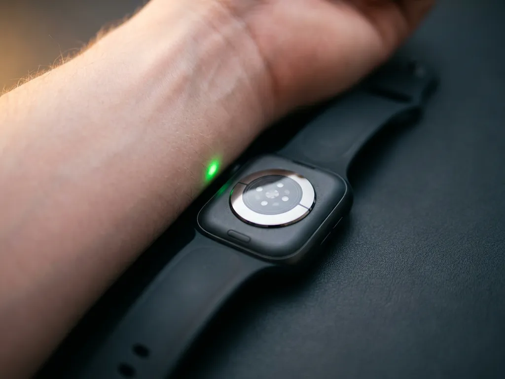 Smartwatch-Sensor mit grüner LED-Beleuchtung auf einem Handgelenk, Makroaufnahme auf dunklem Untergrund.