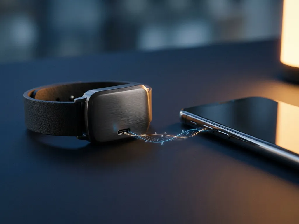 Schlankes Wearable-Sensor-Gerät auf dunkler Oberfläche, verbunden mit Smartphone über leuchtenden Datenstrom in Marineblau und Silber.