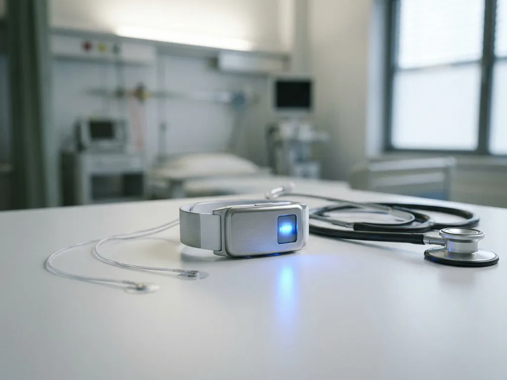 Kompaktes medizinisches Wearable mit Sensorelektroden neben einem Stethoskop auf weißer Oberfläche, blaues Pulswellenlicht, Krankenhaus im Hintergrund.
