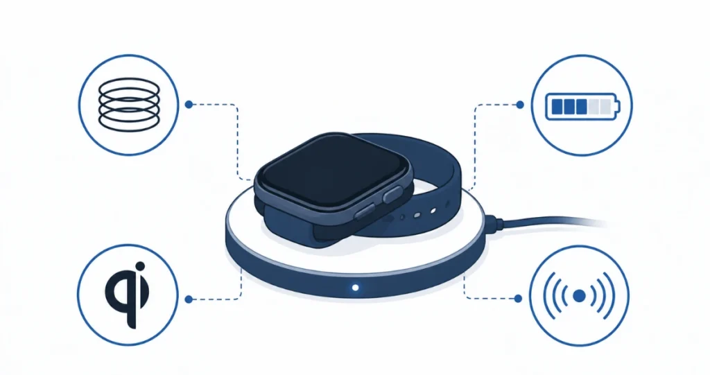 Smartwatch auf Qi-Ladepad mit Spulen- und Ladesymbolen