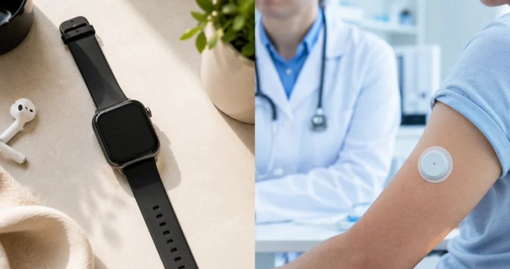 Consumer-Smartwatch vs. medizinischer Biosensor-Patch beim Arzt