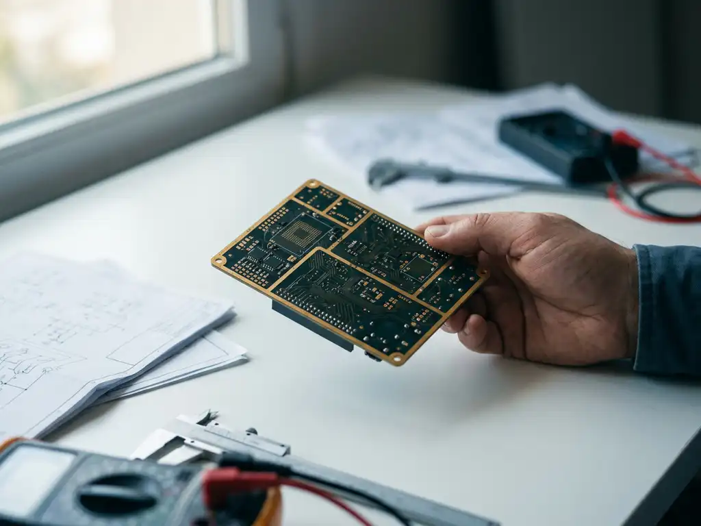 Ingenieurhand hält präzisionsgefertigtes Embedded-Entwicklungsboard über weißem Schreibtisch mit Multimeter und technischen Dokumenten.