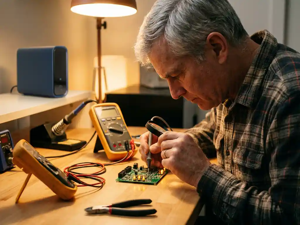 Erfahrener Ingenieur prüft IoT-Leiterplattenprototyp am Labortisch mit Multimeter und Präzisionswerkzeug.
