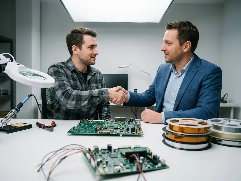 Hardware-Ingenieur und Kunde geben sich die Hand über einem PCB-Prototyp, Lötkolben und Bauteilrollen auf weißer Werkbank sichtbar.