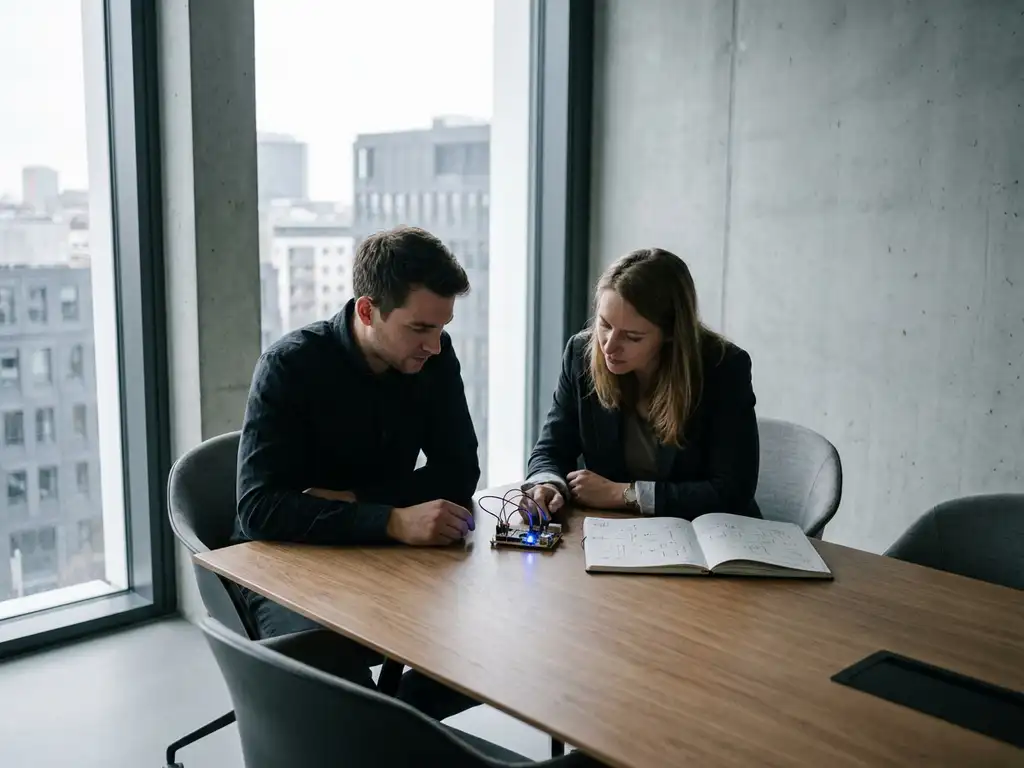 Ingenieur und Kunde besprechen IoT-Prototyp-Platine am Konferenztisch mit offenem Notizbuch in modernem Berliner Büro.