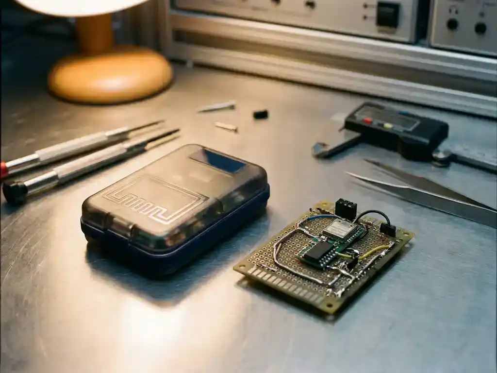 Fertiges IoT-Gerät mit Gehäuse und Antennenstruktur neben einem frühen Prototyp-PCB auf Edelstahl-Werkbank mit Präzisionswerkzeug.