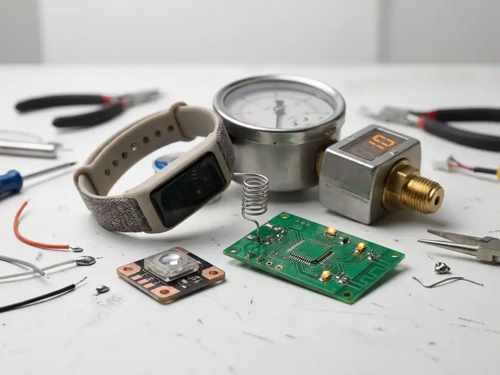 Verschiedene IoT-Geräte auf weißem Werkstisch: Sensormodul, Leiterplatte mit Antenne, Smartwatch-Armband und Industriemessgerät in Nahaufnahme.