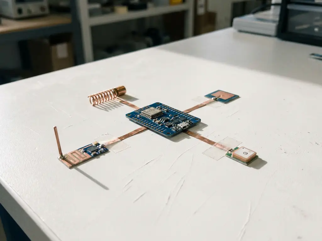 IoT-Leiterplatte auf Laborwerkbank, umgeben von vier Antennenmodulen, verbunden durch Kupferleiterbahnen, Studiobeleuchtung.