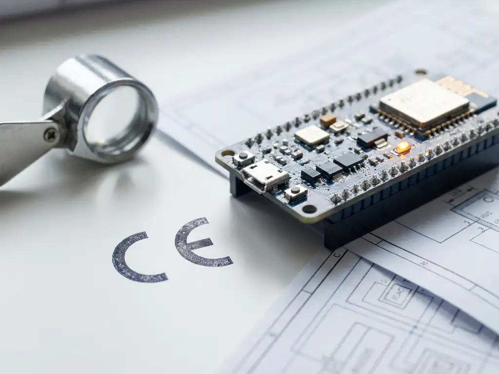 IoT-Leiterplatte neben CE-Kennzeichnungsstempel auf weißem Labortisch mit Lupe und technischer Dokumentation.