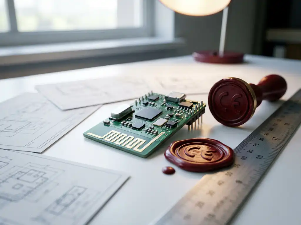 Kleines IoT-Leiterboard mit Antennenstrukturen neben CE-Zertifizierungsstempel in rotem Siegelwachs auf weißem Schreibtisch.