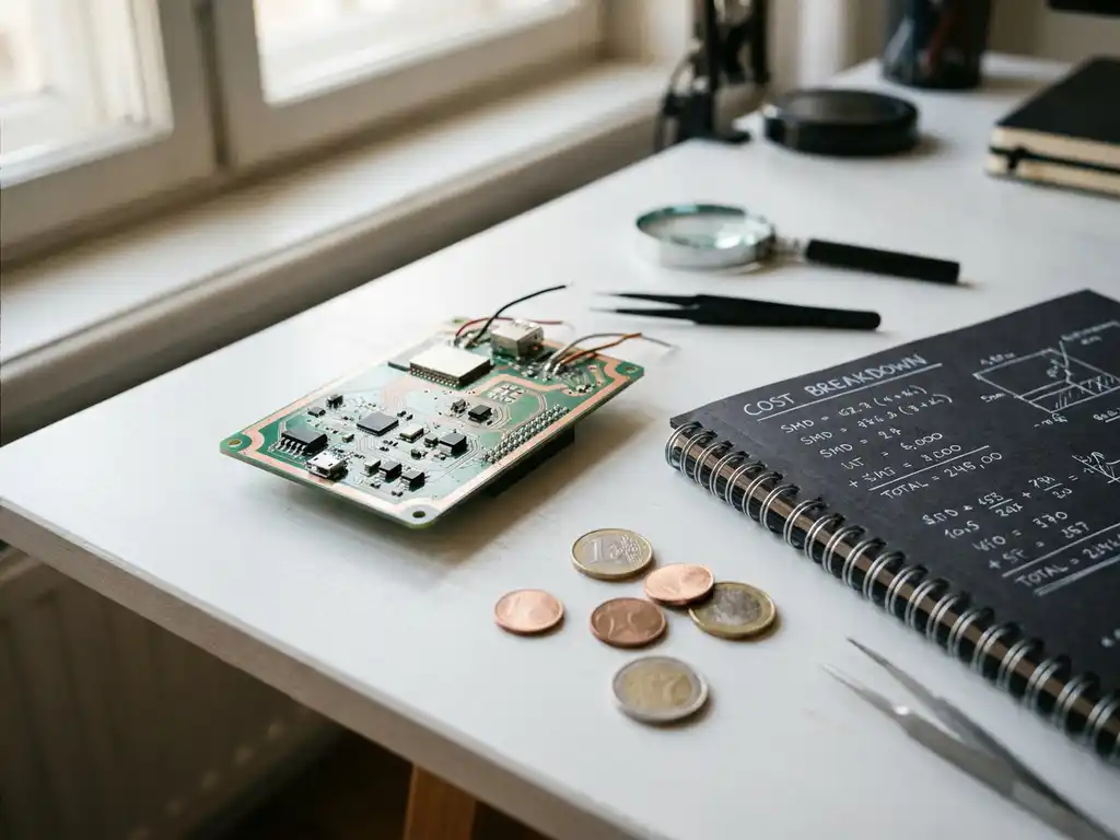 Teilweise bestückte IoT-Leiterplatte mit SMD-Bauteilen neben Euromünzen und Kostenkalkulations-Notizbuch auf weißem Schreibtisch.