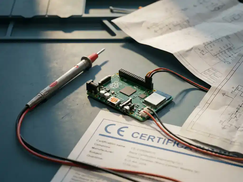 IoT-Leiterplatte in der Montage auf einem Werkstisch, umgeben von Schaltplänen, Messsonde und CE-Zertifizierungsdokument.