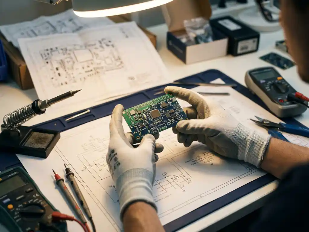 Kleine IoT-Leiterplatine in Händen über weißem Werktisch mit Lötkolben, Multimeter und PCB-Layouts im warmen Werkstattlicht.