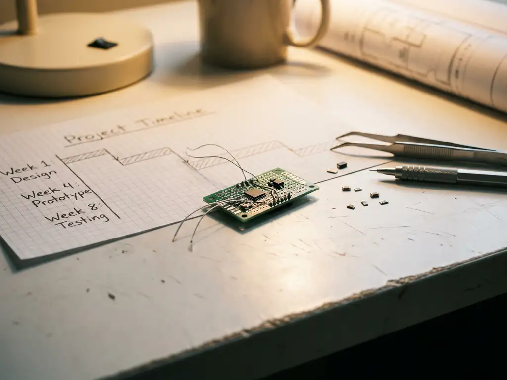 IoT-Leiterplattenprototyp auf weißem Schreibtisch neben handgezeichnetem Zeitplan auf Millimeterpapier mit SMD-Bauteilen und Bleistift.
