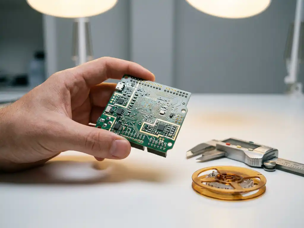 Hand hält IoT-Leiterplatte über weißer Werkbank neben digitalem Messschieber und Bauteilrolle bei Studio-Beleuchtung.