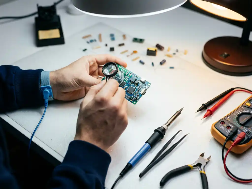 Hände eines Hardware-Ingenieurs prüfen IoT-Leiterplattenprototyp auf weißer Werkbank, Multimeter und Präzisionswerkzeuge daneben.