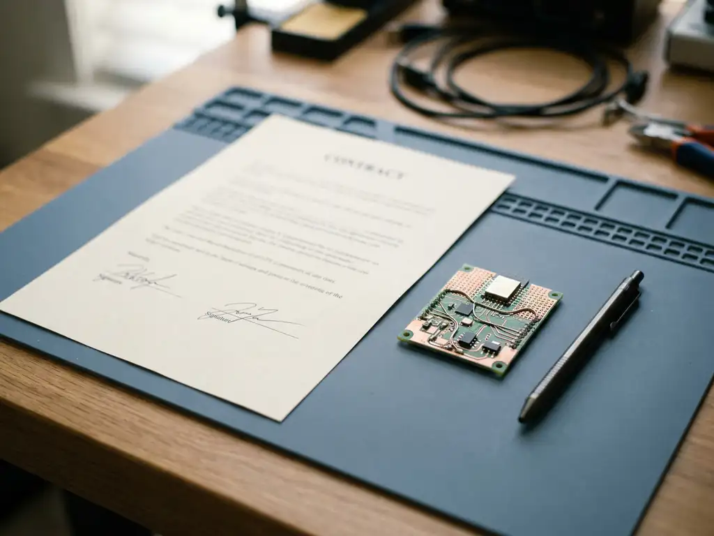 Unterzeichneter Vertrag auf einem Ingenieurtisch neben einem IoT-Leiterplattenprototyp und einem Präzisionsstift.