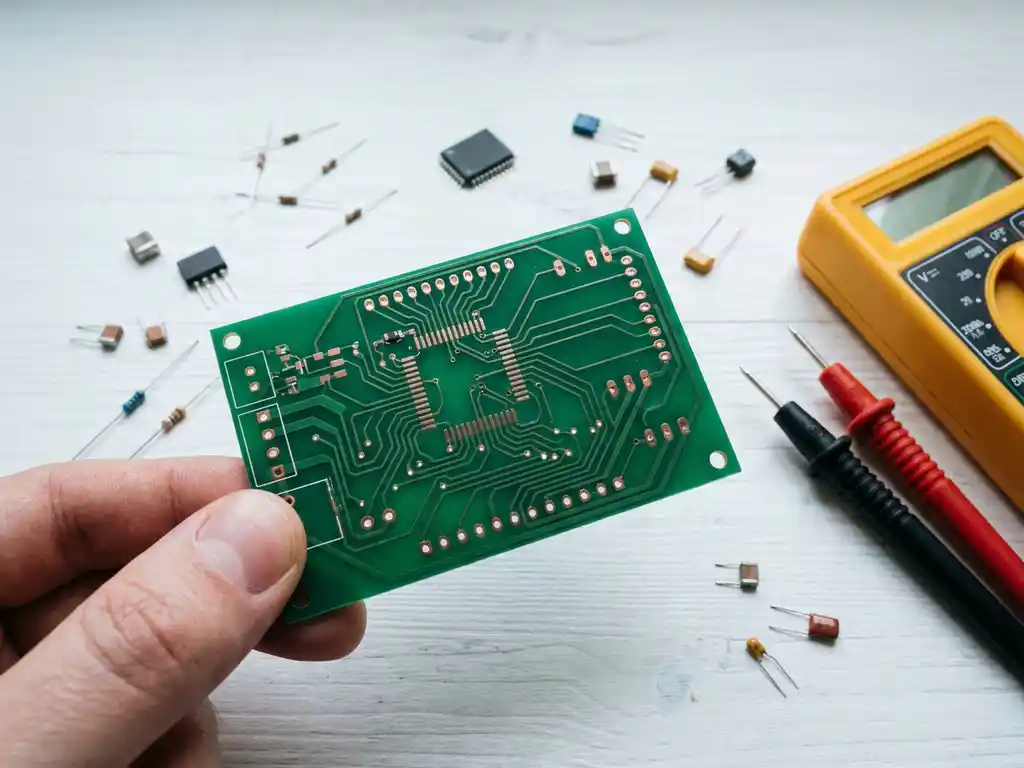 Grüne Leiterplatte zwischen zwei Fingern über weißem Werktisch, umgeben von Widerständen, Kondensatoren, Mikrocontroller und Multimeter.