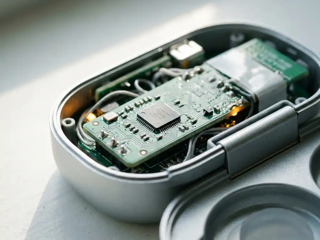 Grüne Leiterplatte mit Mikrocontroller-Chip im Inneren eines geöffneten Smartwatchgehäuses, Makroaufnahme mit Lötpunkten und Kupferleiterbahnen.